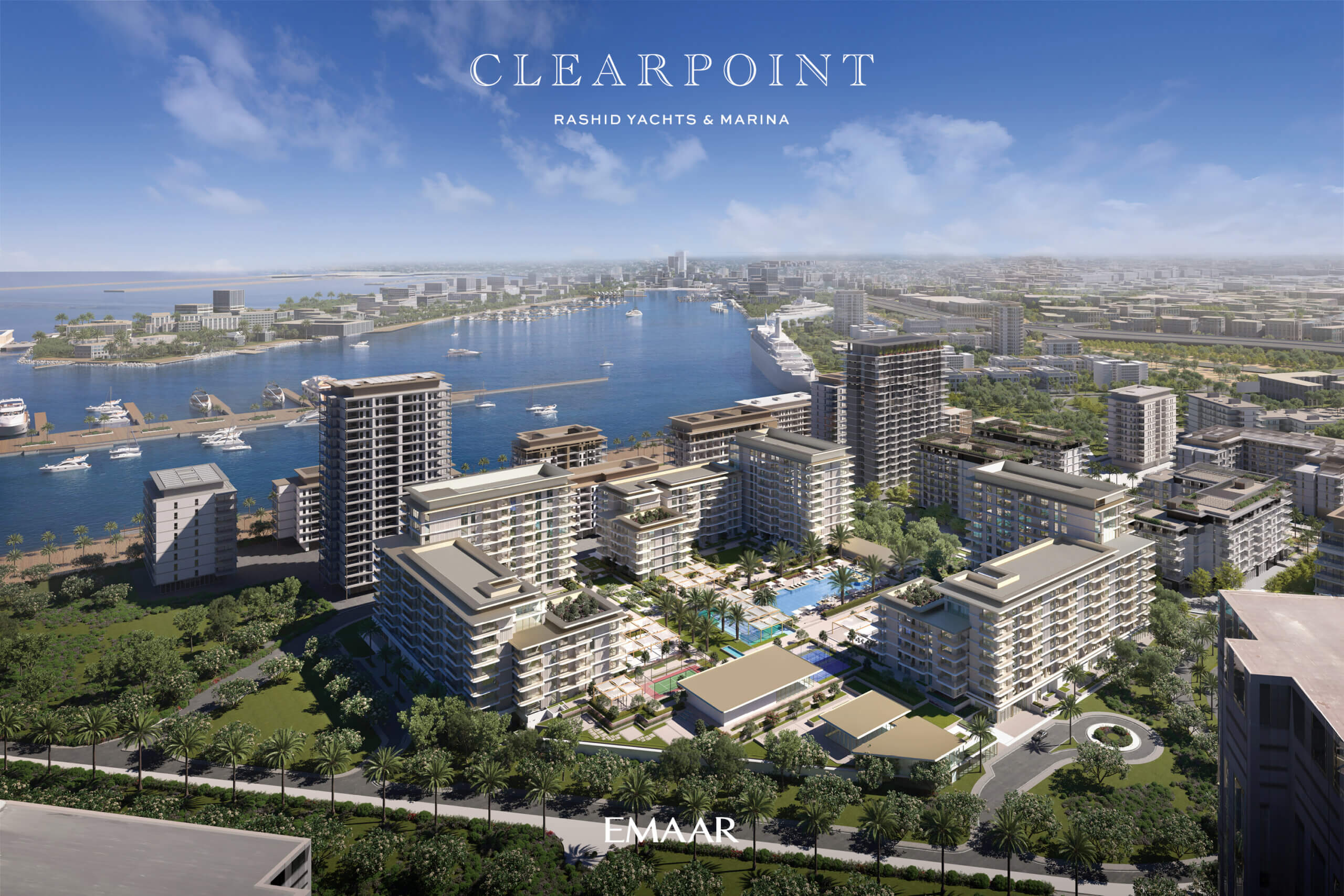 Exterior view of CLEARPOINT properties in Dubai, represented by PJ International Estate Agency. Discover luxurious real estate options with stunning outdoor vistas in the heart of Dubai's vibrant property market.